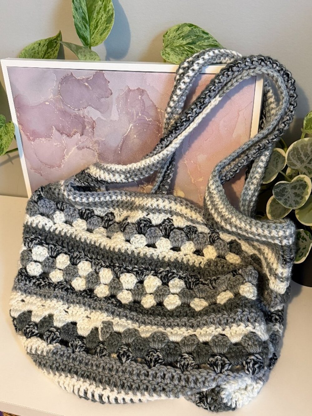 Handmade Crochet Market Tote Bag Gray White Striped Boho